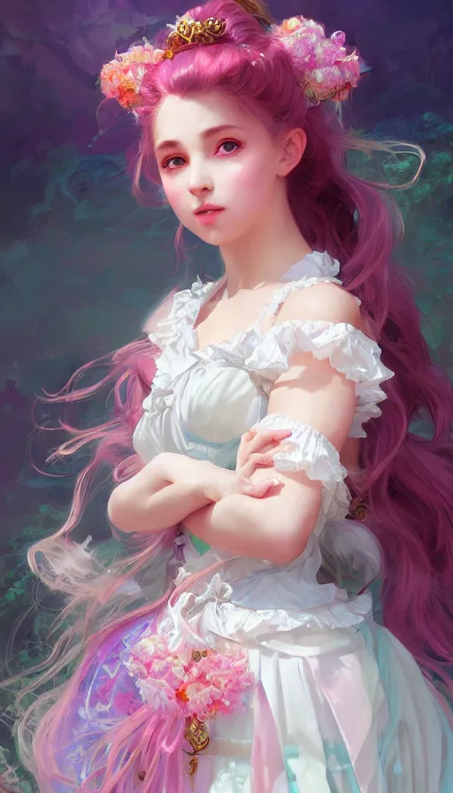 Image similar to portrait of magical lolita girl, dreamy and ethereal, expressive pose, big pink eyes, peaceful expression, ornate frilly dress, fantasy, intricate, elegant, many rainbow bubbles, highly detailed, digital painting, artstation, concept art, smooth, sharp focus, illustration, art by artgerm and greg rutkowski and alphonse mucha