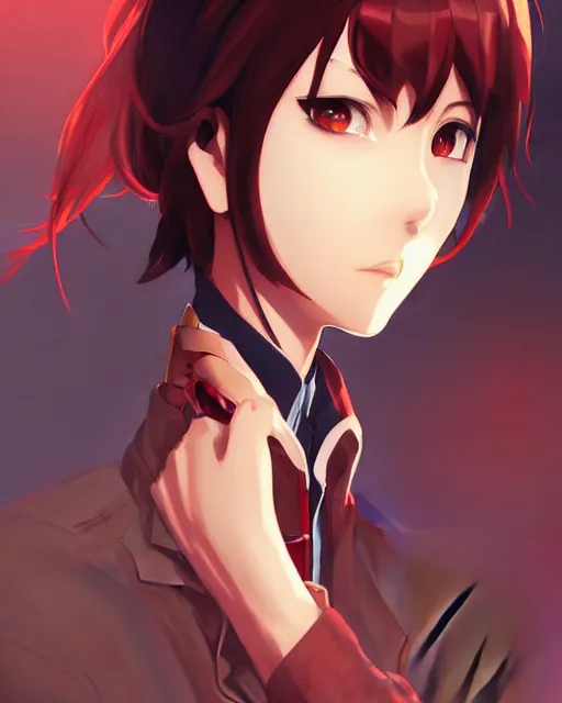 Image similar to makoto shinkai, artgerm, ilya kuvshinov, steampunk beautiful anime woman, red shirt brown pants, black and red hair hair, symmetrical face, symmetrical eyes, full round face, short smile, detailed, summer setting, cinematic lighting