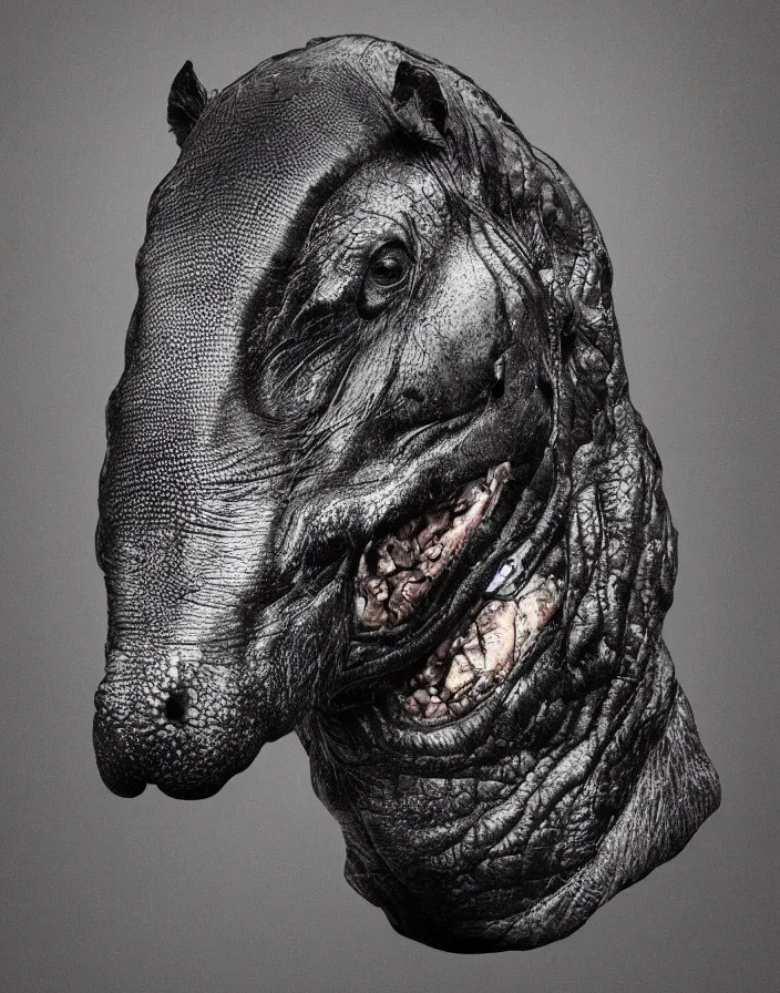 Prompt: portrait on black background of muscular animal human merged head dolphin skin, scales, merged with monkey head, hippo face morphed, gills, horse head animal merge, morphing dog head, merging crocodile head, anthropomorphic creature