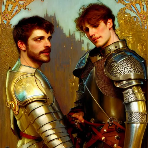 Image similar to attractive arthur pendragon and his attractive male knight, they are in love, natural lighting, path traced, highly detailed, high quality, digital painting, by gaston bussiere, craig mullins, alphonse mucha j. c. leyendecker