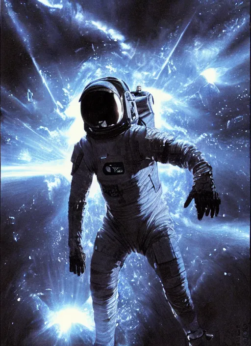 Image similar to astronaut in dark void underwater - complex and hyperdetailed technical suit design. reflection and dispersion materials. rays and dispersion of light. volumetric light. f / 3 2. noise film photo. flash photography. ultra realistic, 5 0 mm. poster by wayne barlowe, hajime sorayama aaron horkey, craig mullins