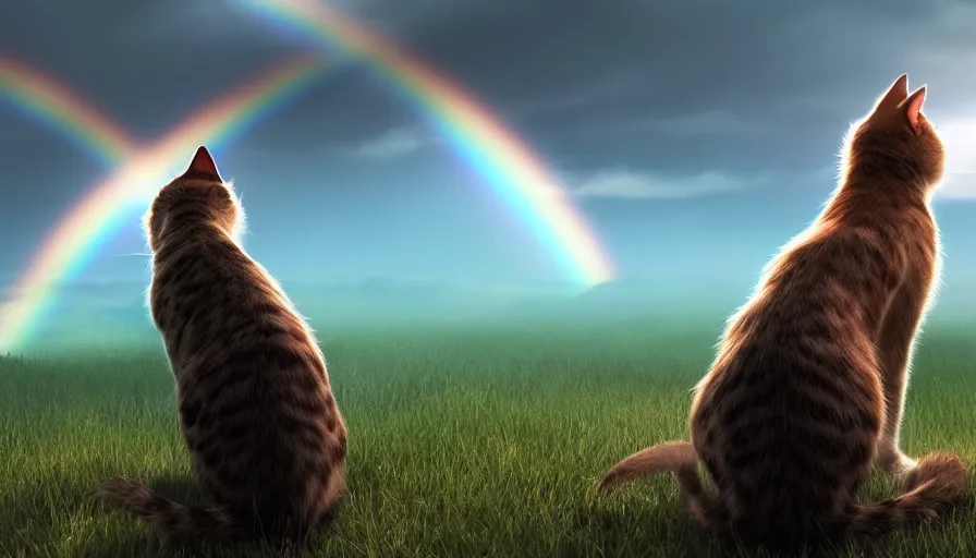 Prompt: back view of cats looking at rainbow, volumetric light, cloudy sky, hyperdetailed, artstation, cgsociety, 8 k