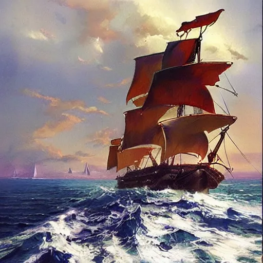 Image similar to A pirate on the high seas that has magical pearlescent shimmering see through sails, painting by Peter Andrew Jones