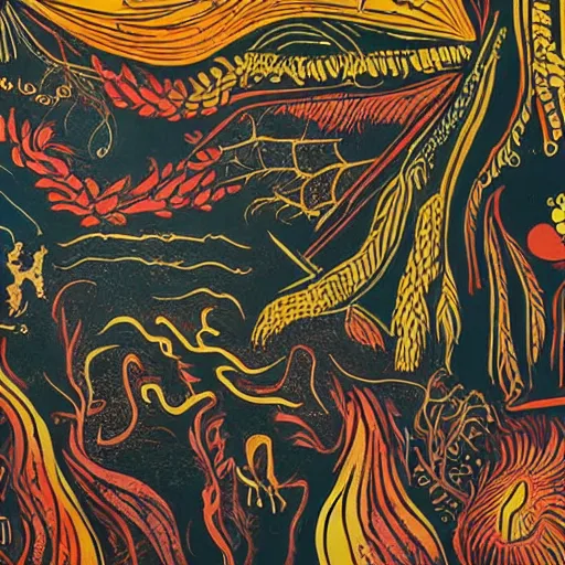 Prompt: highly detailed graphic poster depicting the end of the world, fire, done in the style of old botanical illustrations, matisse, caravaggio, basquiat, japanese art, 4 k