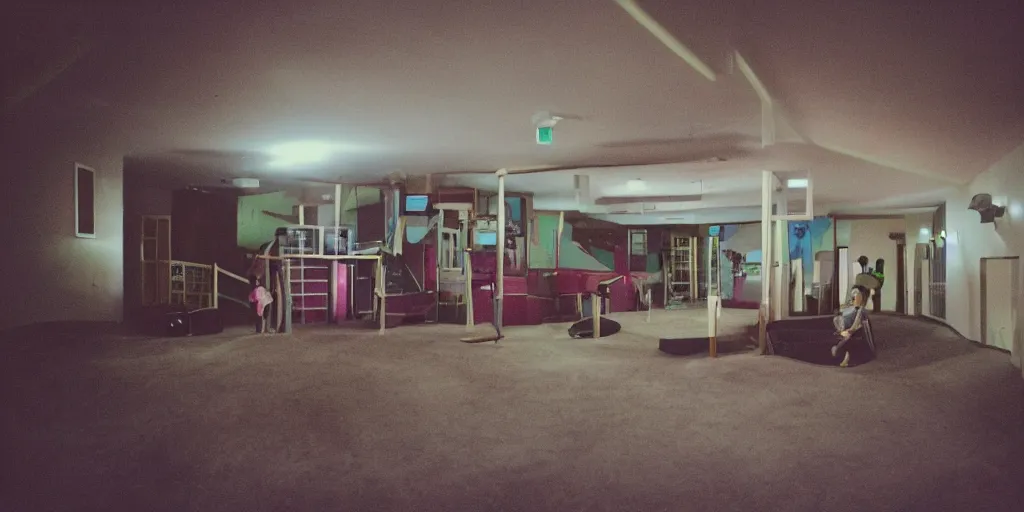 Image similar to a weird modern place, house, playground, office, pool, bar, pub, interior, room, hall way with eerie feeling, disposable colored film camera, camera flash, unusual place, unsettling, kids place, night scene