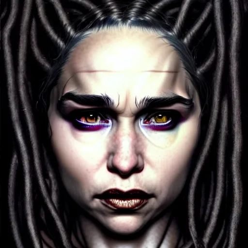 Image similar to portrait of emilia clarke cybergoth dreadlocks, dark, piercing eyes, exotic expression, esoteric clothing, photorealistic, highly detailed, mysterious lighting, artstation, smooth, sharp focus, art by michael whelan, artgerm, greg rutkowski and luis royo