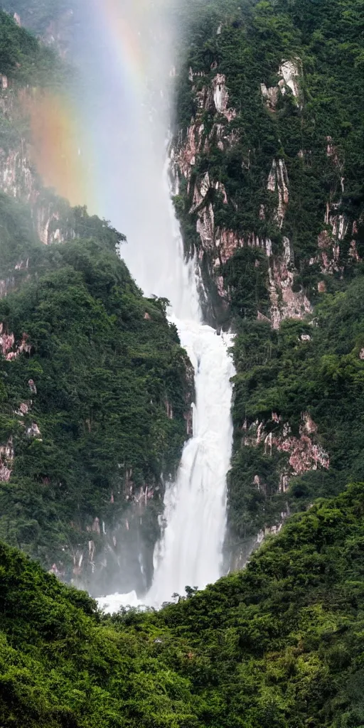 Image similar to A cloudy peak in southern China with one waterfall,in which rainbow can be seen in the middle of the waterfall. the style of National Geographic magazine