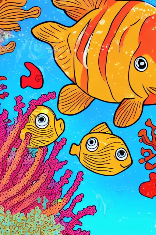 Image similar to a beautiful and colorful fish swimming through a coral in the ocean, cartoon style