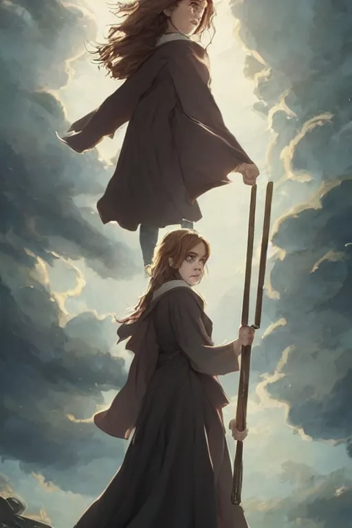 Image similar to Poster artwork, Emma Watson as Hermione Granger, wearing hogwarts!!! robes!!!, magnificent, close up, details, sharp focus, elegant, highly detailed, illustration, by Jordan Grimmer and greg rutkowski and PiNe(パイネ) and 薯子Imoko and 香川悠作 and wlop!!!! and maya takamura, intricate, beautiful, sunset!!!, Trending artstation, pixiv, digital Art