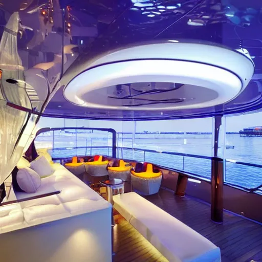 Prompt: new yatch by philippe starck, include three nightclub with different theme