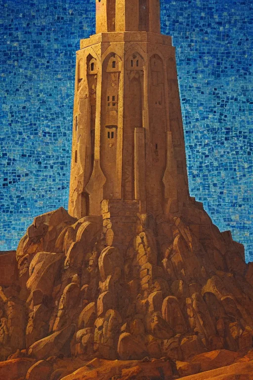 Prompt: painted tower of the moon, by Sylvain Sarrailh and Nicholas Roerich and Annie Swynnerton, dramatic cinematic lighting , beautiful tilework mosaics, ornate architecture, sacred artifacts, lost civilizations, smooth, sharp focus, extremely detailed