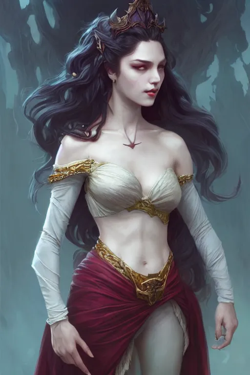 Image similar to beautiful vampire female princess, full body shot, messy bun, d & d, fantasy, intricate, elegant, highly detailed, digital painting, artstation, concept art, matte, sharp focus, illustration, hearthstone, art by artgerm and greg rutkowski and alphonse mucha