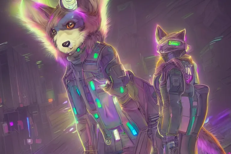 Image similar to a transhuman fox fursona with a fluffy tail in a cyberpunk city, trending on artstation, by kawacy, neon backlighting, furry art