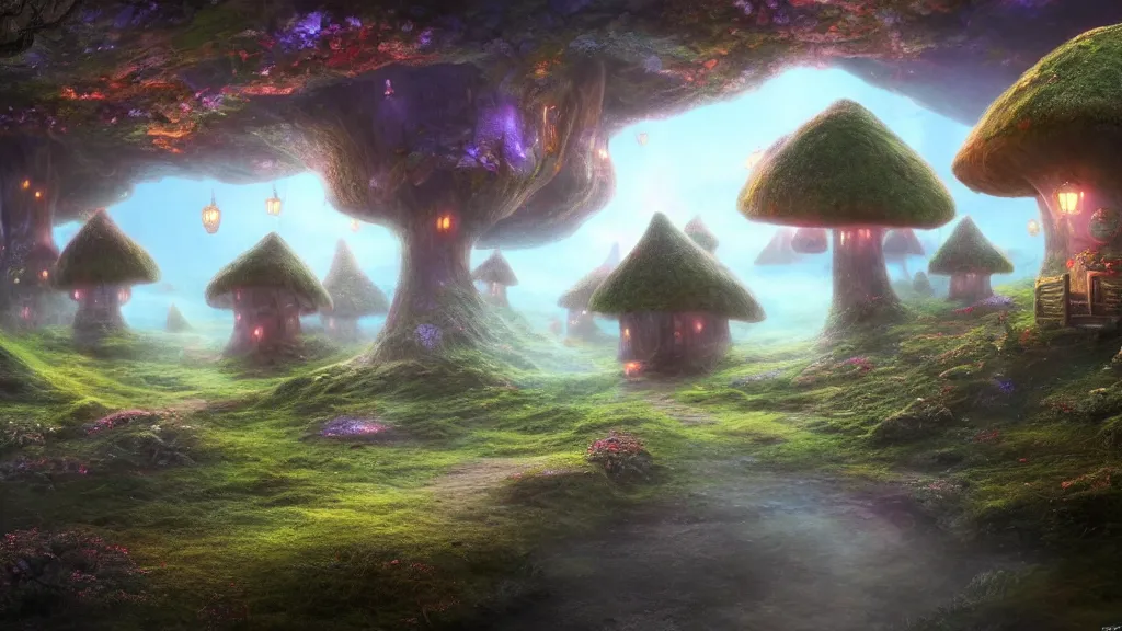 Prompt: fantasy toadstool cottages world suspended in the air, foggy atmosphere, volumetric lighting, fantasy artwork, very beautiful scenery, hd, hdr, unreal engine 5, cinematic 4k wallpaper, 8k, ultra detailed, high resolution, artstation