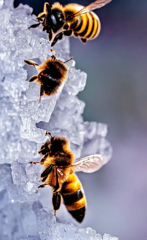 Prompt: the last bee entrapped under a layer of ice, beautiful macro photography, cold ambient light