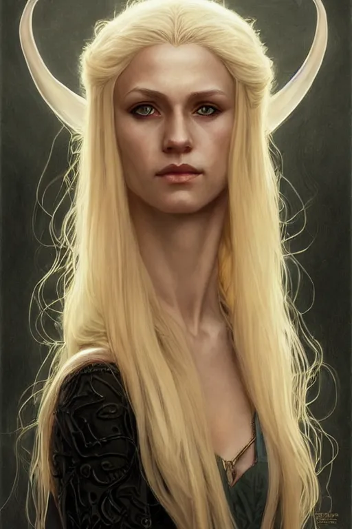 Image similar to portrait of an old blonde elven mage, dark, piercing eyes, gentle expression, elegant clothing, photorealistic, highly detailed, artstation, smooth, sharp focus, art by michael whelan, artgerm, greg rutkowski and alphonse mucha