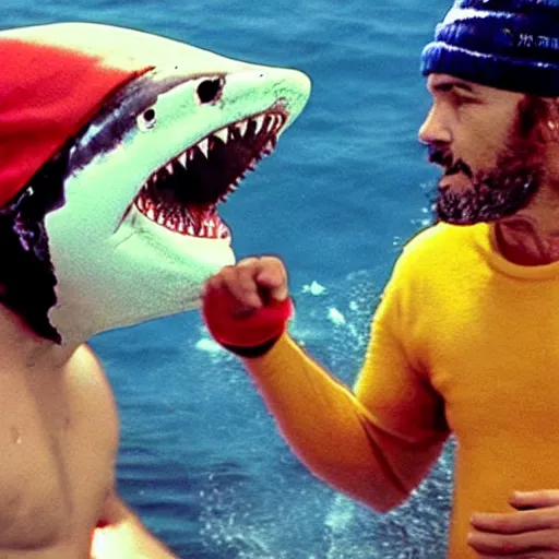 Image similar to steve zissou having a fist fight with a great white shark