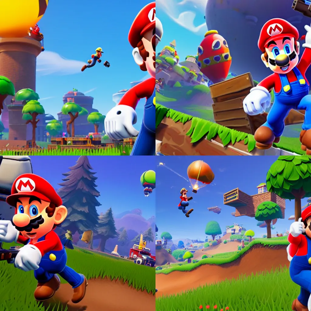 Prompt: gameplay screenshot of Mario in Fortnite