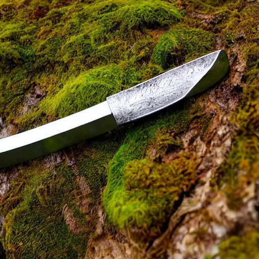 Prompt: a sword hilt protruding from a moss covered rock.