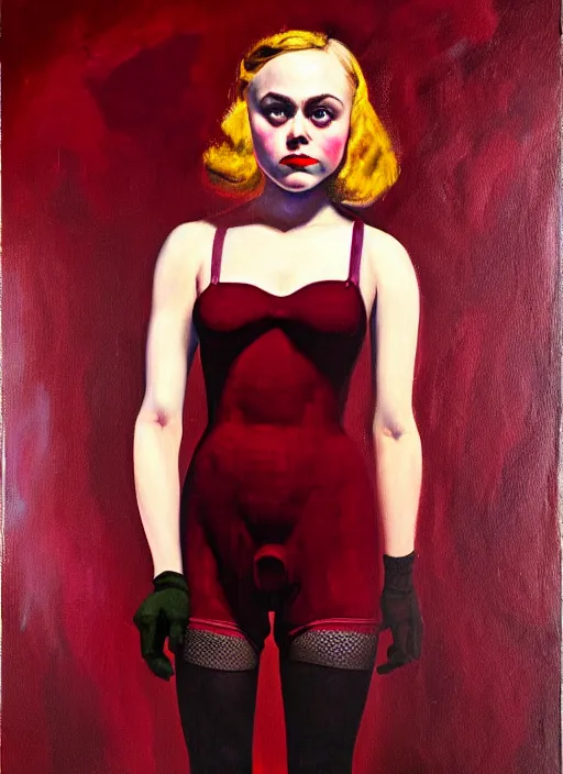 Image similar to oil painting of AnnaSophia Robb, stockings, WWII soldier uniform, frozen stare in a void room of existential maroon horror painted by John Singer Sargant, inspired by paintings of Francis Bacon and Bryan Lee O'Malley and Edward Hopper