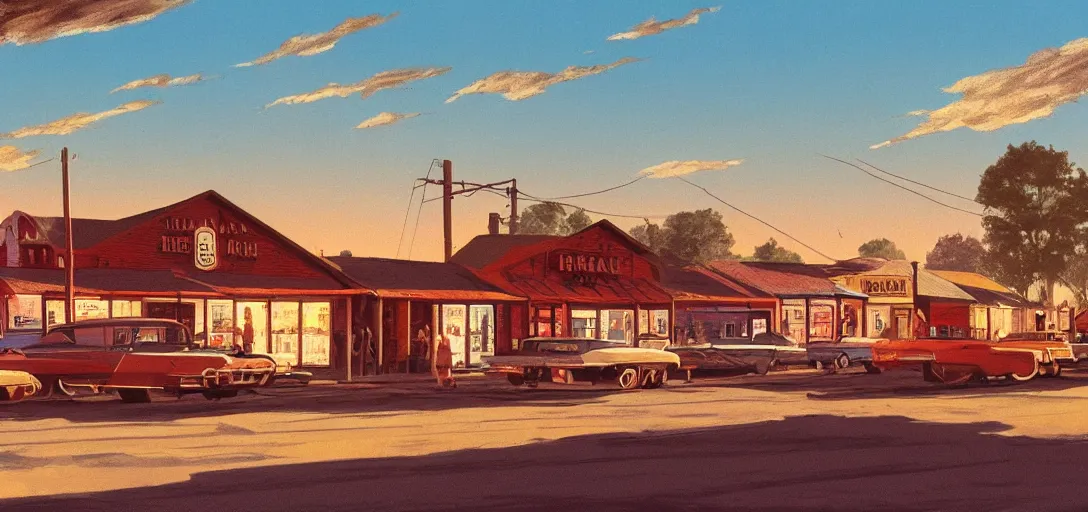 Image similar to concept art of a small rural town in middle America in the 1960s, detailed, Americana, golden hour