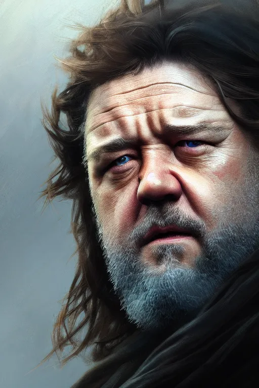 Prompt: ultra detailed close up facial portrait of russell crowe, extremely detailed digital painting, in the style of fenghua zhong and ruan jia and jeremy lipking and peter mohrbacher, mystical colors, rim light, beautiful lighting, 8 k, stunning scene, raytracing, octane, trending on artstation
