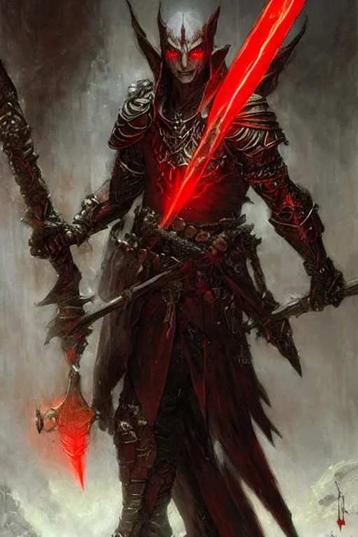 Image similar to vampire elf in impressive stone armor with red glowing eyes, holding a demonic spear that glows with red energy portrait dnd, painting by gaston bussiere, craig mullins, greg rutkowski, yoji shinkawa