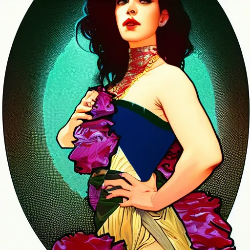 Image similar to portrait of marina diamandis, 8k, rich vivid colors, cinematic lighting, illustration, french noveau, alphonse mucha, artstation