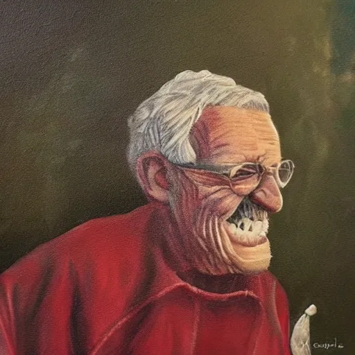 Prompt: a creepy painting of a smiling old man