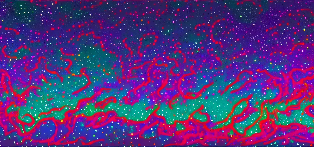 Prompt: A psychedelic midnight sky, with stars that form a constellation of Mufasa from lion king in the sky in the style of Tara McPherson Artstation HD, 8k, Surrealistic digital artwork,