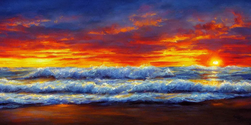 Prompt: a beautiful painting of a beach sunset with raging waves