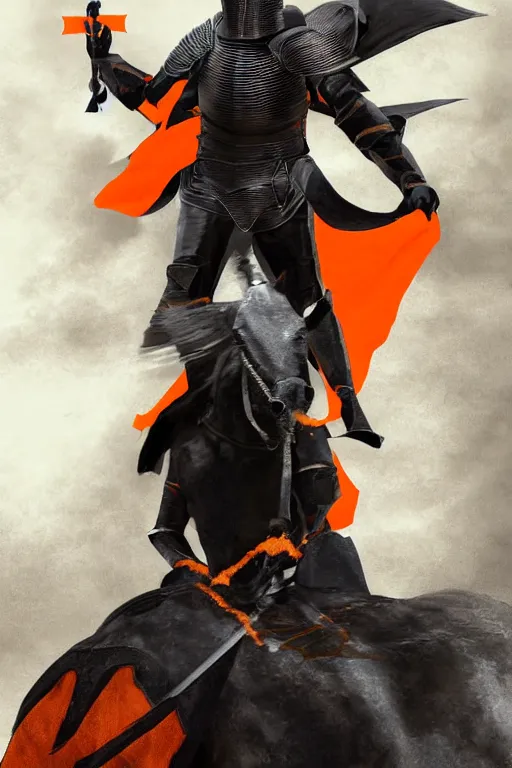 Prompt: a digital photograph of one african american knight in heavy black parmor with thin dull orange trim, wearing a black elegant cape flowing in the wind, the knight holds a black sword in one hand, riding a black horse with mechanized spiked armor, extremely detailed, extremely realistic, no bodily flaws, unreal engine, concept art, 8 k