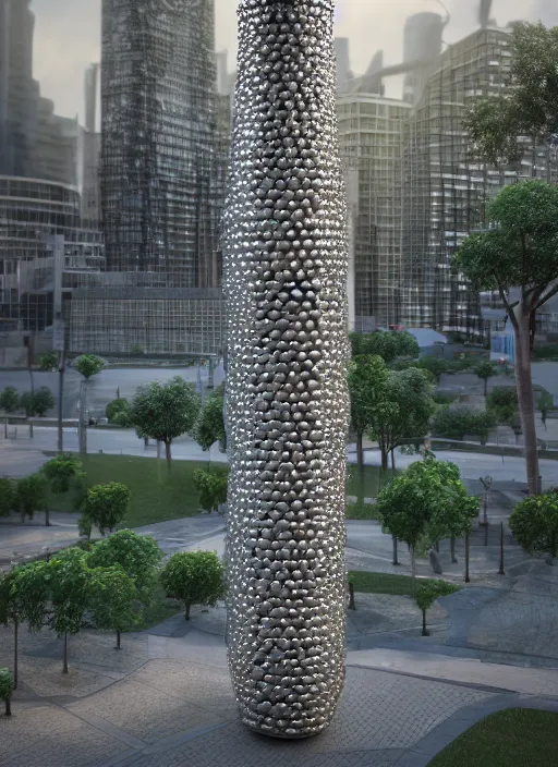 Image similar to highly detailed realistic architecture 3 d render of a futurisctic metallic stele made from balls standing in a city park, archdaily, made in unreal engine 4 octane render