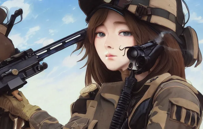 Image similar to infantry girl, soldier using rocket launcher, smoke, anime style, long hair, hair down, symmetrical facial features, from girls frontline, hyper realistic, pale skin, rule of thirds, extreme detail, 4 k, detailed drawing, trending artstation, hd, trading card, by alphonse mucha, greg rutkowski, sharp focus, backlit