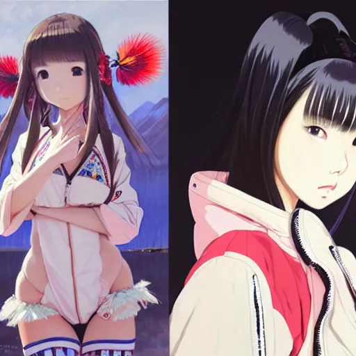 Image similar to a beautiful japanese lalisa alluring gravure model, wearing oversized designer bomber jacket and leotard, bulky poofy bomber jacket with mesoamerican patterns, mesoamerican native street fashion, gapmoe yandere grimdark, trending on pixiv fanbox, painted by greg rutkowski makoto shinkai takashi takeuchi studio ghibli, akihiko yoshida