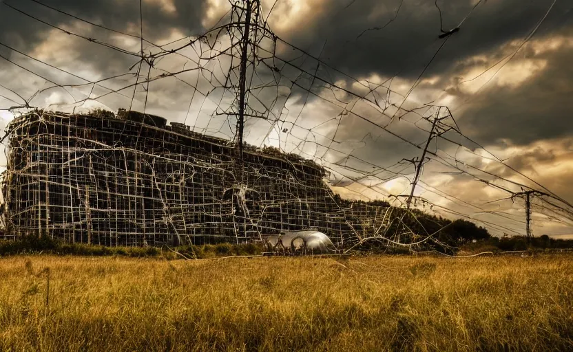 Prompt: an immense retro power generator building with many large wires connecting to it sits abandoned in a grassland near the coast, an airship visible in the sky and attached to the ground with a cable, wires and tubes and conduits everywhere, blinking lights, golden hour, wires on the ground in the foreground, sharp details, cinematic, dramatic clouds in the distance, vines, immense scale, art by simon stalenhag