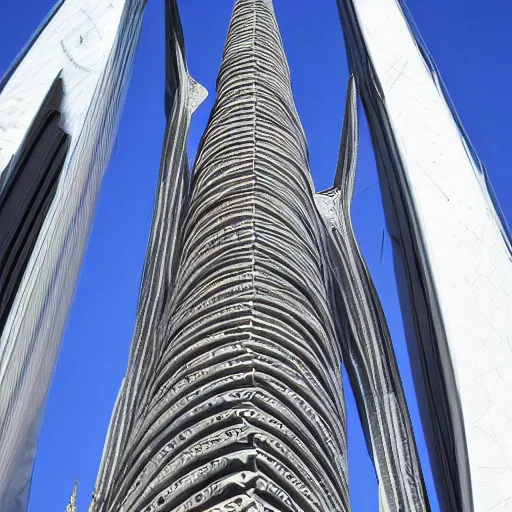 Image similar to detailed intricate futuristic, tallest tower building in the world, cathedral details, composition