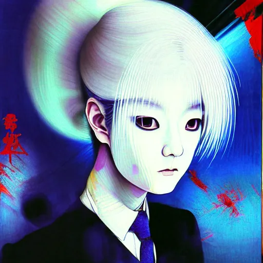 Image similar to yoshitaka amano blurred and dreamy three quarter angle oil portrait of a young woman with white hair and black eyes wearing dress suit with tie, playstation 2 horror game, junji ito abstract patterns in the background, satoshi kon anime, chungking express color palette, noisy film grain effect, highly detailed, renaissance oil painting, weird portrait angle, blurred lost edges