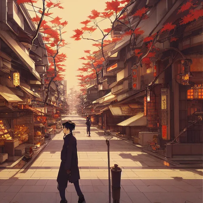 Image similar to empty tokyo, autumn, in the style of studio ghibli, j. c. leyendecker, greg rutkowski, artem