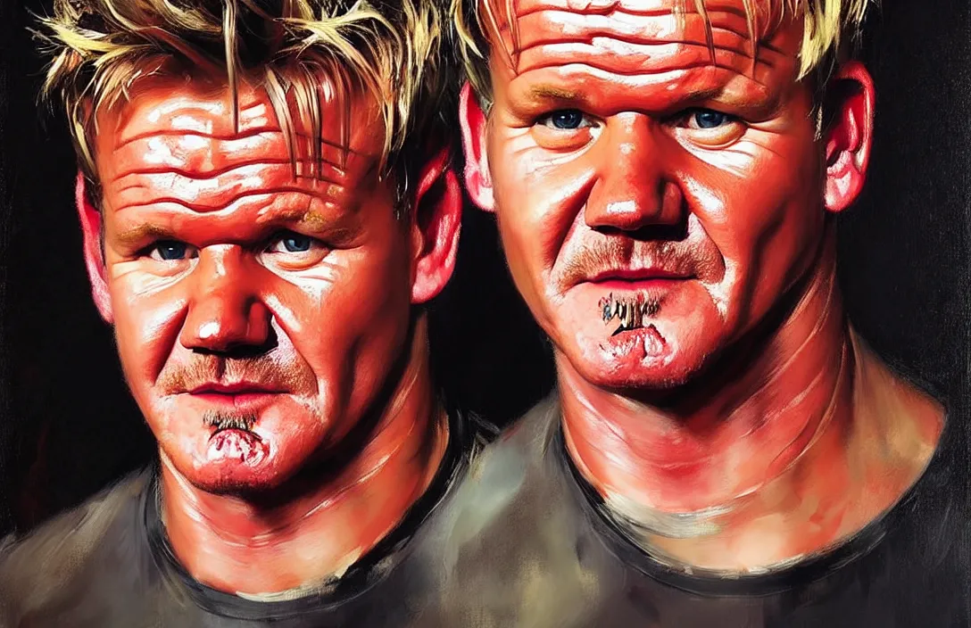 Image similar to portrait of gordon ramsay!!!!!!!!!!!!!!!!!!!!!!!!!!!, detailed face, detailed painting,, epic lighting, by ilya repin, phil hale and kent williams