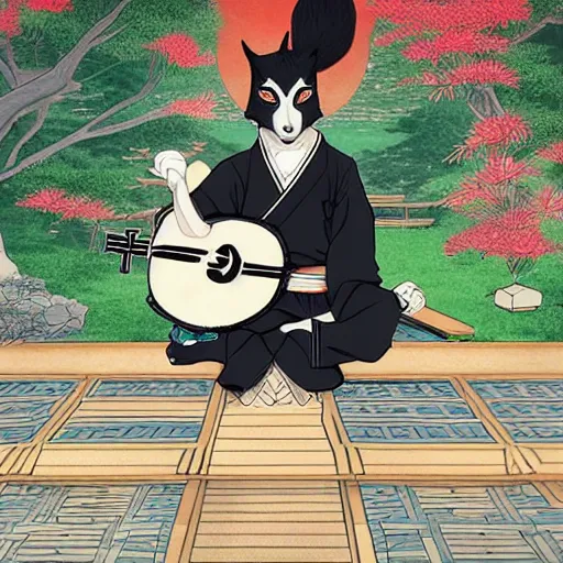 Prompt: a black kitsune boy playing koto in front of a japanese temple, highly detailed, cg style, artstation trending, pixiv trending, Z.W. Gu style, Wlop style