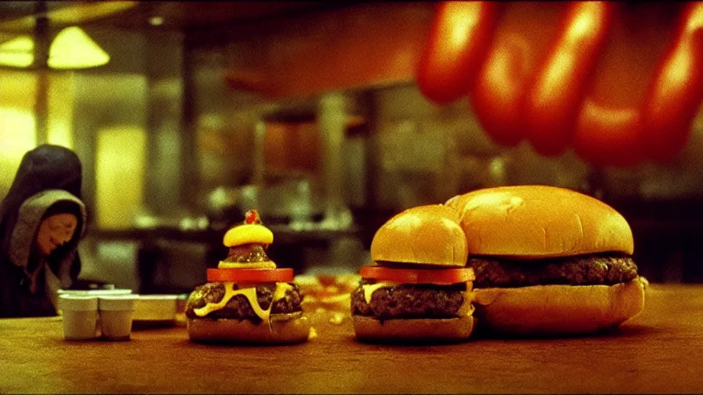 Image similar to the cheeseburger creature at the fast food restaurant, film still from the movie directed by denis villeneuve and david cronenberg with art direction by salvador dali and zdzisław beksinski, wide lens