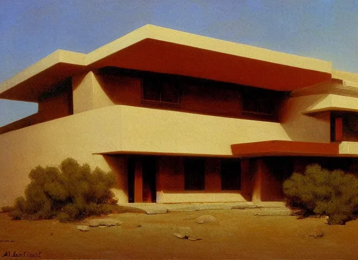 Image similar to painting of a frank lloyd wright house in the california desert by albert bierstadt