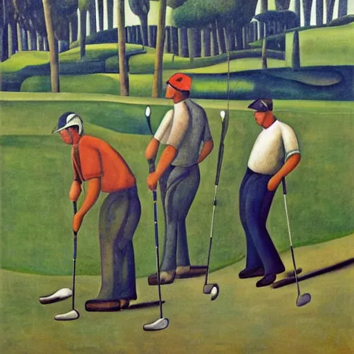 Image similar to Three golfers on a beautiful golf course, by Diego Rivera