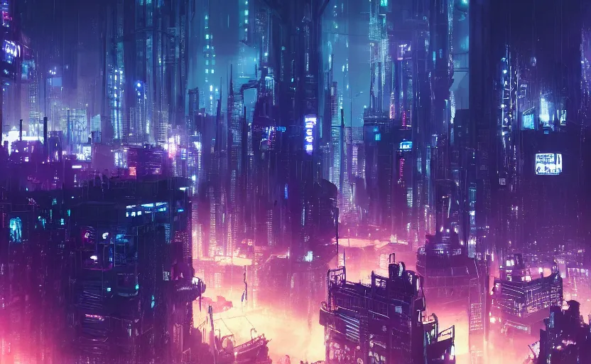 Prompt: detailed landscape of a dystopian cyberpunk city at night. wallpaper. dark blue and purple color palette. hd. artstation.