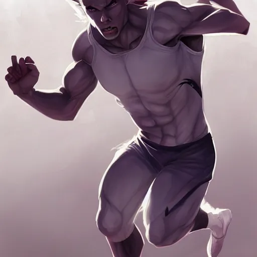 Image similar to beautiful aesthetic portrait commission of an albino male furry anthro sprinter athlete running 100m on athletic track , hyperdetailed, dark atmosphere. Character design by charlie bowater, ross tran, artgerm, and makoto shinkai, detailed, inked, western comic book art, 2022 award winning painting