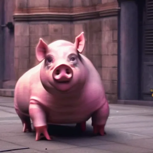Image similar to Live Action Still of pig in Ghostbusters, real life, hyperrealistic, ultra realistic, realistic, highly detailed, epic, HD quality, 8k resolution, body and headshot, film still,Exquisite detail, post-processing, masterpiece, Cinematic Lighting, Unreal Engine, 8k, HD