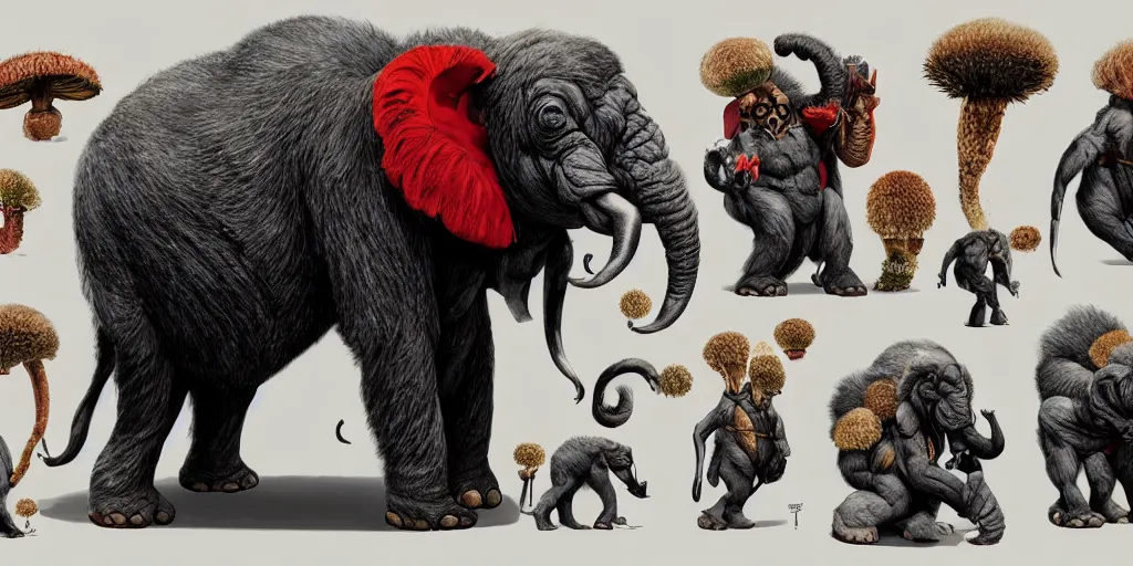 Image similar to Fungi Gorilla Elephant creature character design sheet, Monster Hunter Illustrations art book, Bright colored accent on its fur, claws, muscular, spores, Moebius, Greg Rutkowski, Zabrocki, Karlkka, Jayison Devadas, Phuoc Quan, trending on Artstation, 8K, ultra wide angle, zenith view, pincushion lens effect.