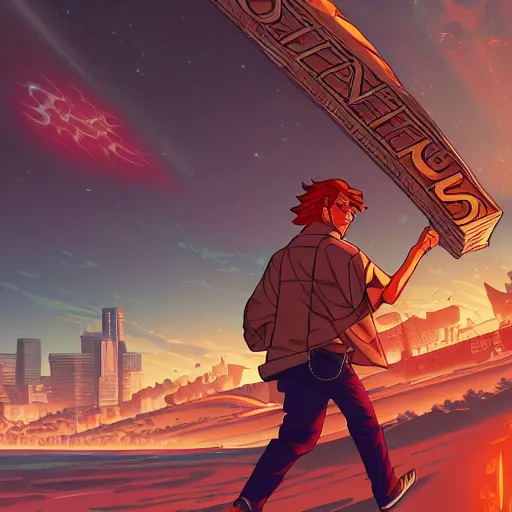 Prompt: the second coming of the pizza guy by dan mumford, yusuke murata, makoto shinkai, ross tran, cosmic, heavenly, god rays, intricate detail, cinematic, 8 k, cel shaded, unreal engine, featured on artstation, pixiv