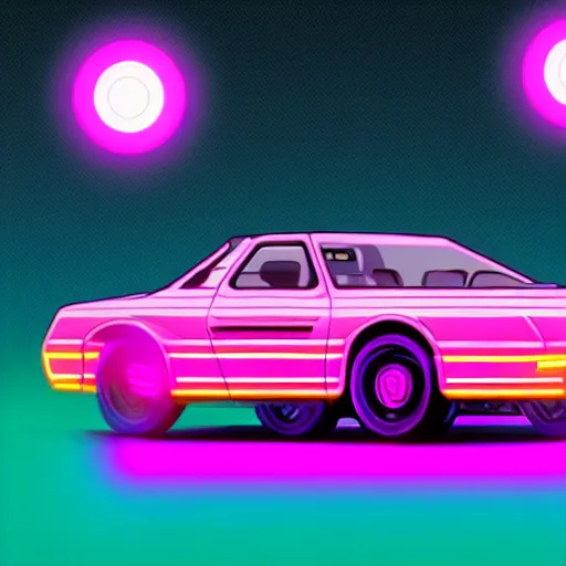 Image similar to retro synthesizers, high tempo, electronic, arcade. outrun will transport you to the 8 0's vision of gridlines, magenta neon, vhs tracking artifacts and speeding deloreans.